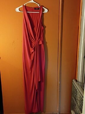 Ralph Lauren Coral-Red Asymmetrical Knot-Front Maxi Dress